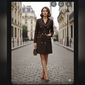 From Paris Knitted With Gold Chain Trim Elegant Brown Belted Knee Lentgh Dress